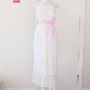 vintage white floral lace strapless maxi dress pink waist tie